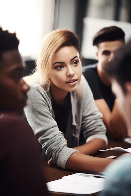 Fotografía de un grupo de estudiantes discutiendo en clase creada con IA generativa