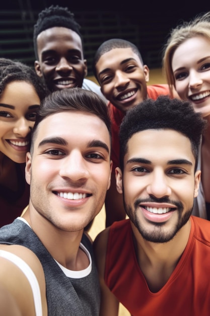 Foto fotografía de un grupo de jóvenes deportivos tomando selfies juntos