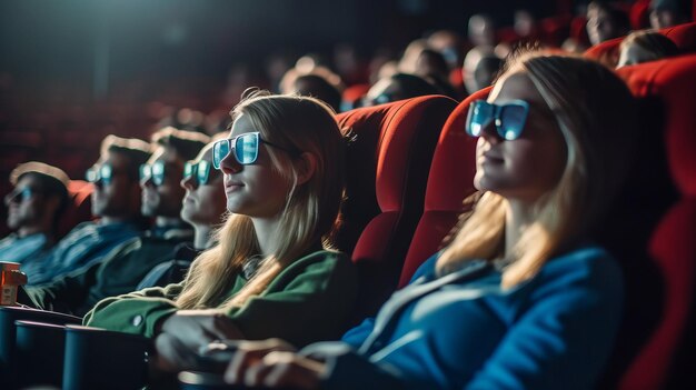 Foto fotografía de un grupo de jóvenes con gafas 3d viendo películas en el cine.