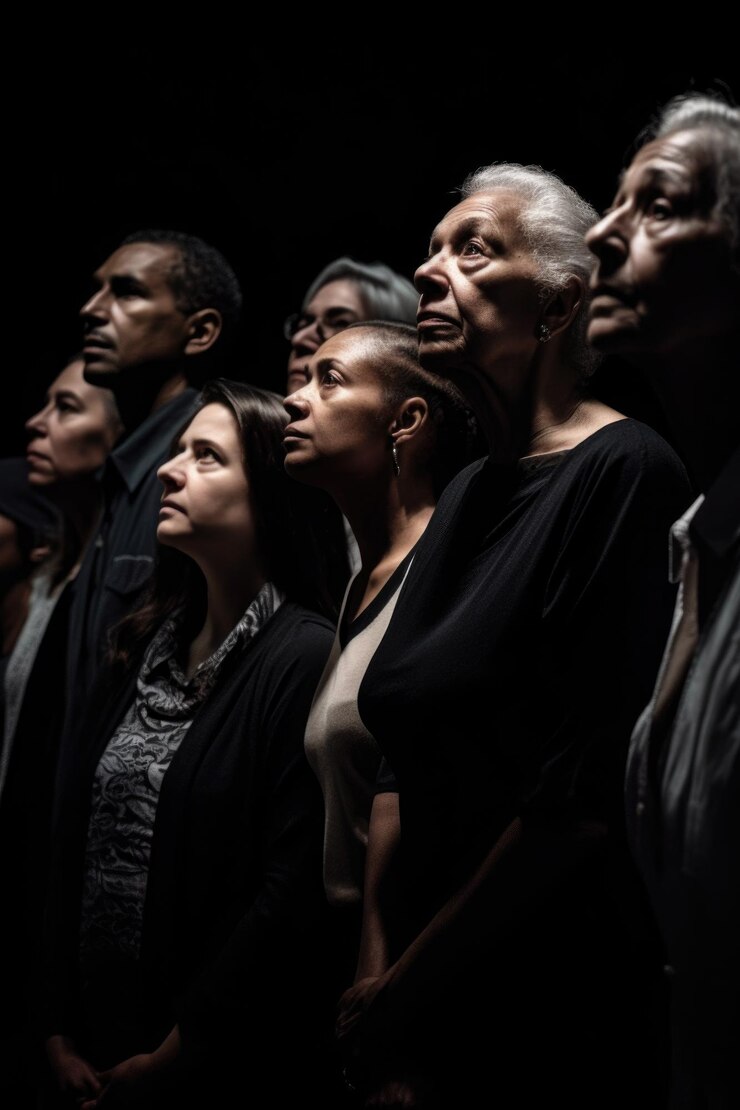 Fotografía de un grupo de personas de pie juntas contra un fondo negro