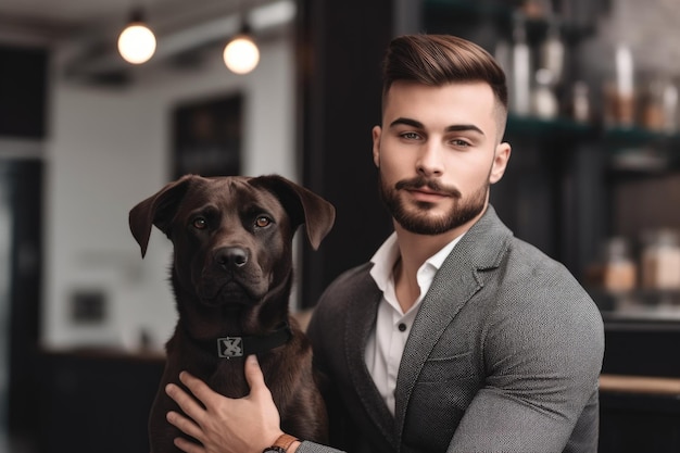 Fotografía de un guapo joven dueño de un negocio de pie junto a su perro