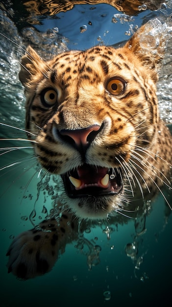 Fotografía de un guepardo exótico nadando bajo el agua