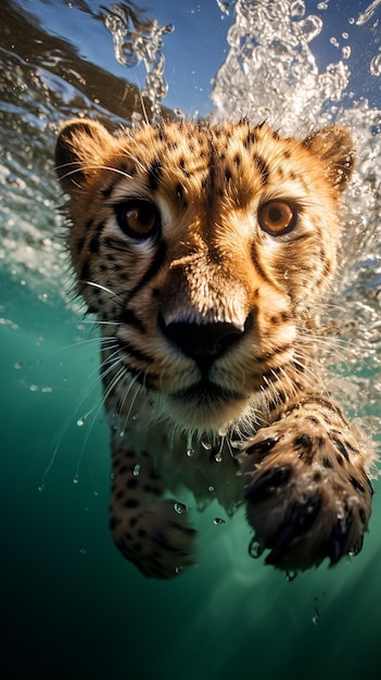 Fotografía de un guepardo exótico nadando bajo el agua