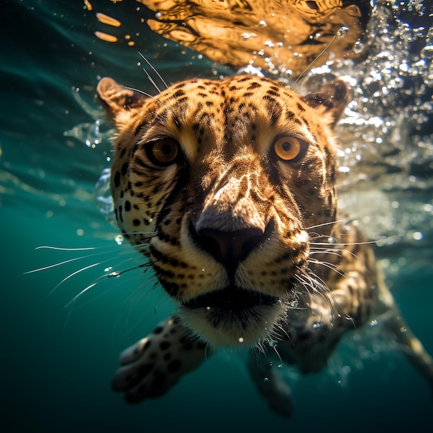 Fotografía de un guepardo exótico nadando bajo el agua