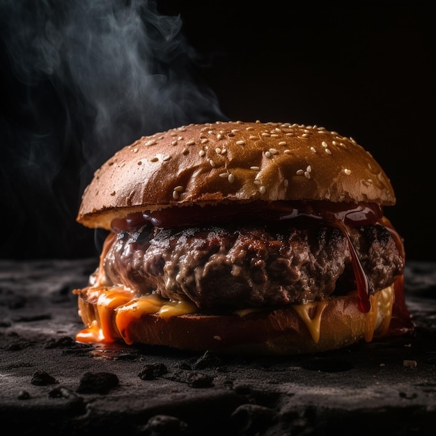 Fotografía de una hamburguesa gourmet con aderezos visualmente impactantes bistec cheddar y tocino