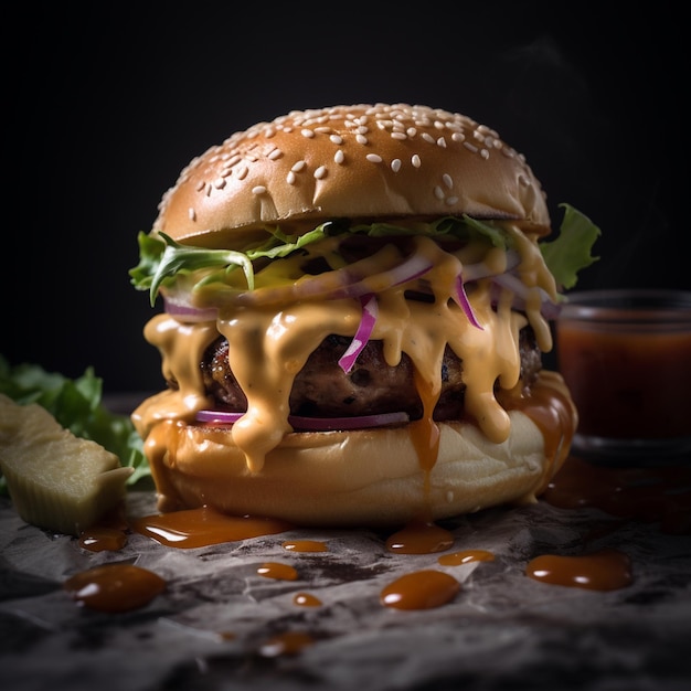 Fotografía de una hamburguesa gourmet cubierta con bistec cheddar y lechuga crujiente