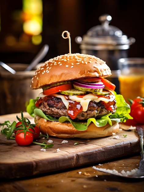 fotografía de una hamburguesa gourmet en una mesa de madera rústica