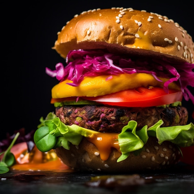 Fotografía de una hamburguesa vegetariana destacada por sus apetitosos ingredientes