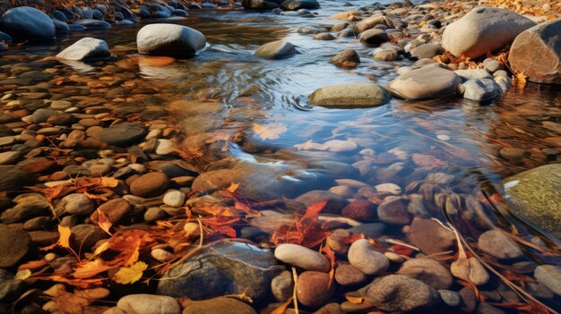 Foto fotografía hdr galardonada corriente espesa con pequeñas piedras de río en otoño