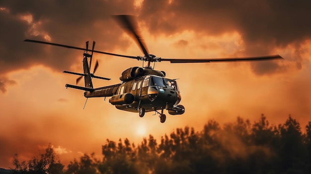 Fotografía de helicópteros de comandos militares que caen durante la puesta del sol