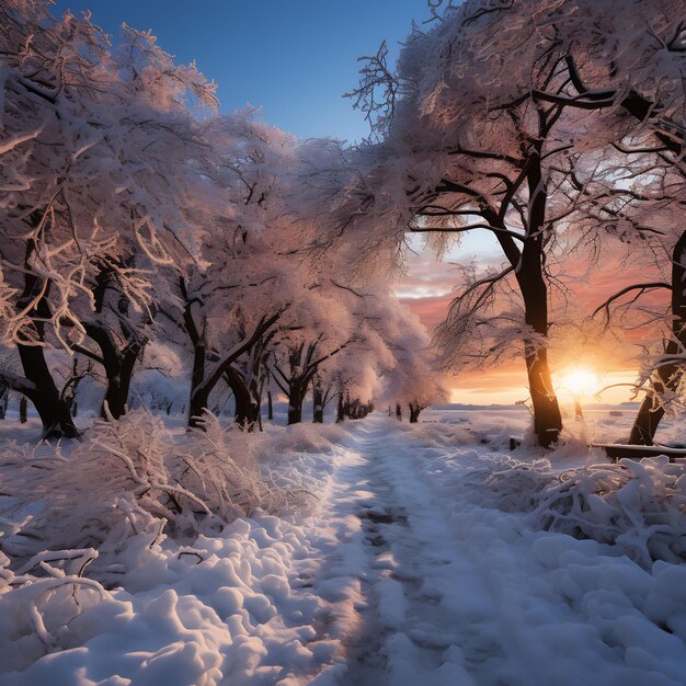 fotografía de una hermosa carretera cubierta de nieve bordeada de árboles cubiertos de nieve durante la puesta de sol y cielo azul