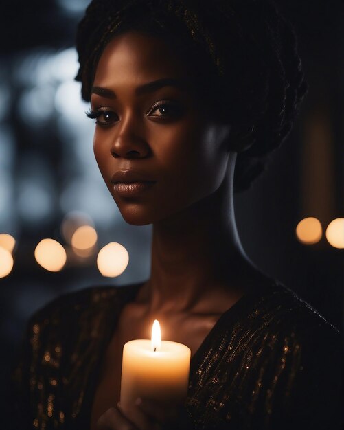 Fotografía de una hermosa chica negra con un fondo borroso