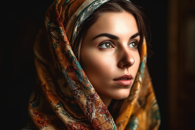 Fotografía de una hermosa mujer joven con un pañuelo musulmán tradicional creado con AI generativa