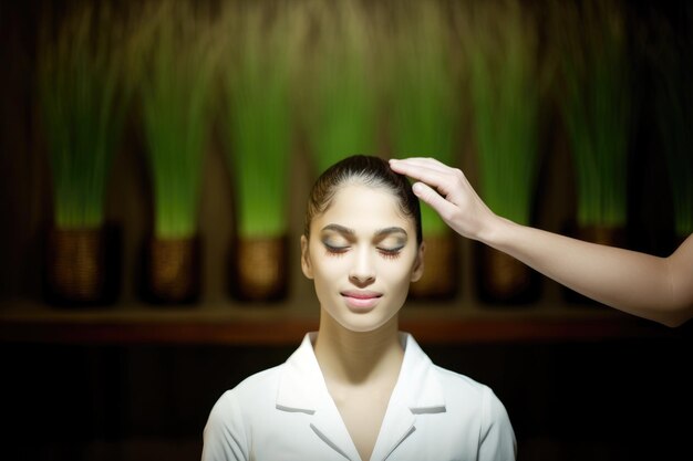 Fotografía de una hermosa mujer joven recibiendo un masaje de cabeza en un spa asiático creado con IA generativa