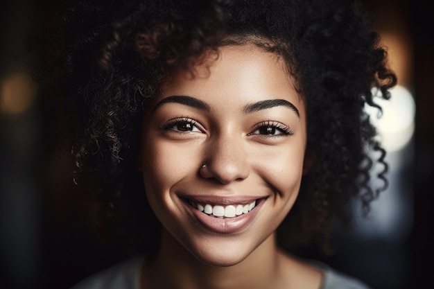 Fotografía de una hermosa mujer joven sonriendo a la cámara creada con IA generativa