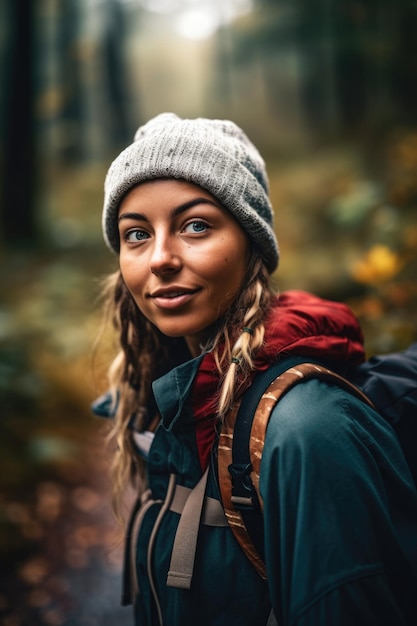 Fotografía de una hermosa mujer joven en un viaje de excursión creada con IA generativa