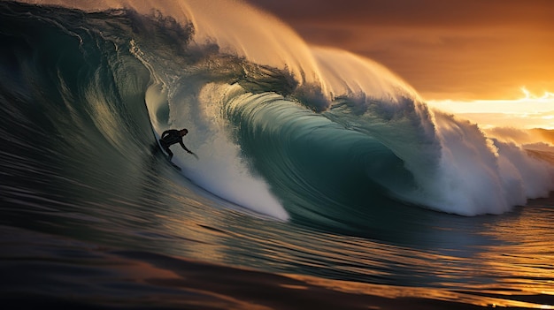 Foto fotografía de una hermosa mujer rubia surfeando una ola gigante elegante y graciosa