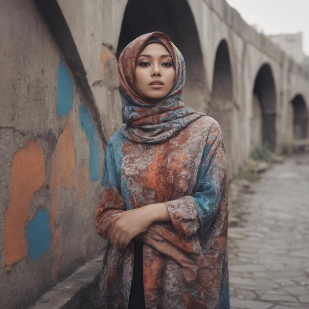 Fotografía de un hermoso indonesio posando en un puente de piedra generada por IA