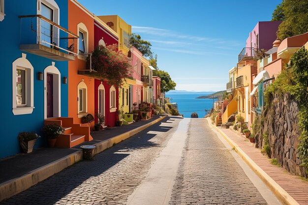 Fotografía de una hilera de casas de colores brillantes