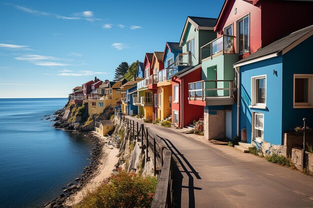 Fotografía de una hilera de casas de colores brillantes