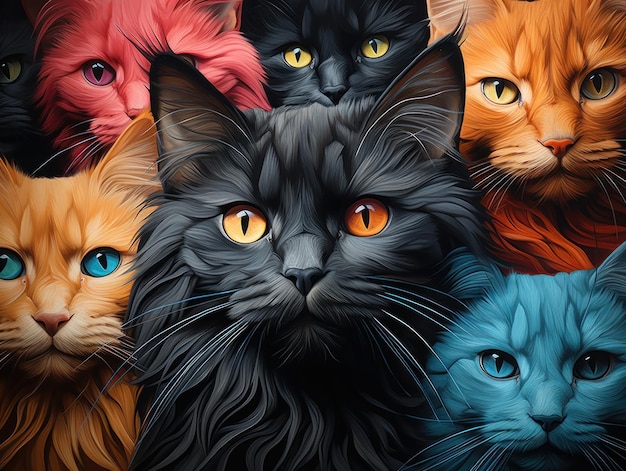 Fotografia hiper realista Ilusão hipnótica abstrata de gatos em preto cinza vermelho azul laranja branco