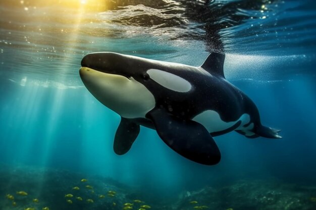 Fotografía hiperrealista bajo el agua de una orca IA generativa