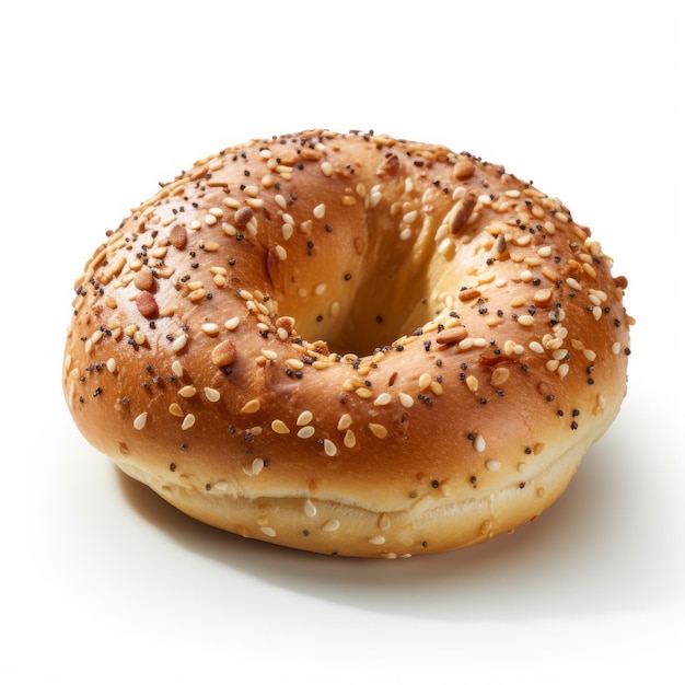 Fotografía hiperrealista de bagel sobre un fondo blanco