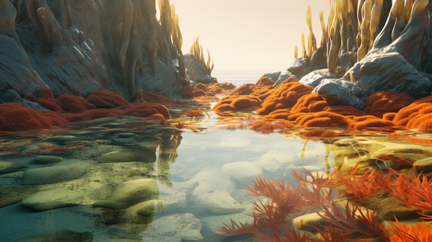 Foto fotografía hiperrealista del bosque de algas de una playa de arena con lava y agua que fluye debajo de las rocas