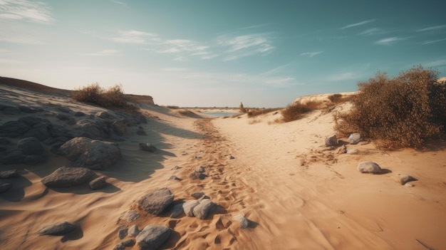 Fotografía hiperrealista del desierto pedregoso de una playa de arena