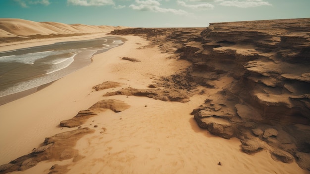 Fotografía hiperrealista del desierto pedregoso de una playa de arena