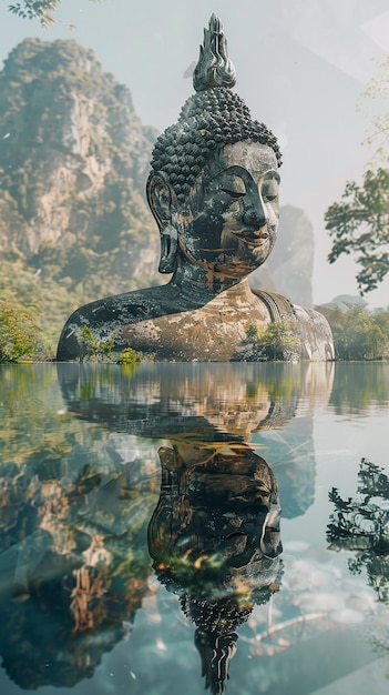 Fotografía hiperrealista de doble exposición de una estatua de Buda y la naturaleza