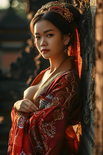 fotografía hiperrealista de una hermosa mujer asiática usando ropa tradicional balinesa