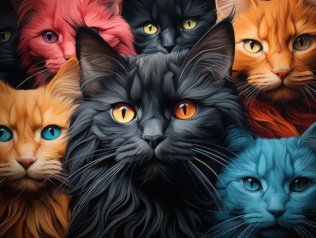 Fotografía hiperrealista Ilusión hipnótica abstracta de gatos en Negro Gris Rojo Azul Naranja Blanco