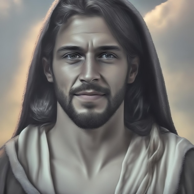 Fotografía hiperrealista y ultra detallada de Jesús sonriendo parado en la ladera de una colina en un haz de luz pura.