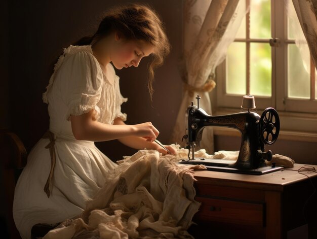 Fotografía histórica en color del trabajo diario de una mujer en el pasado.