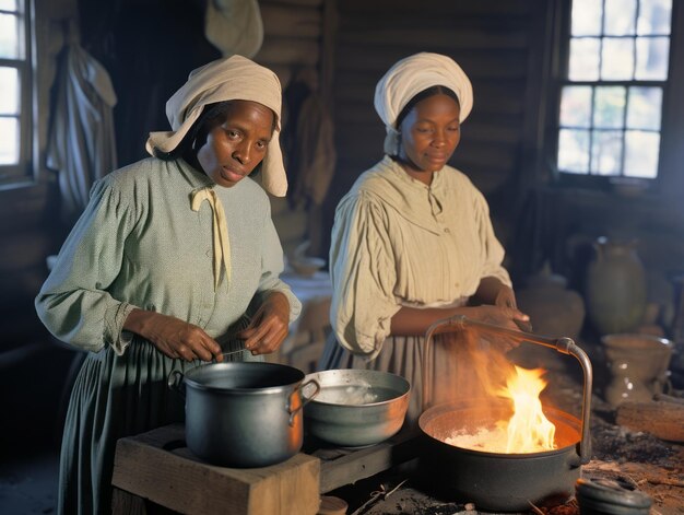 Foto fotografía histórica en color del trabajo diario de una mujer en el pasado.