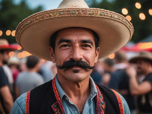 Fotografía de un hombre con bigote en sombrero en un festival