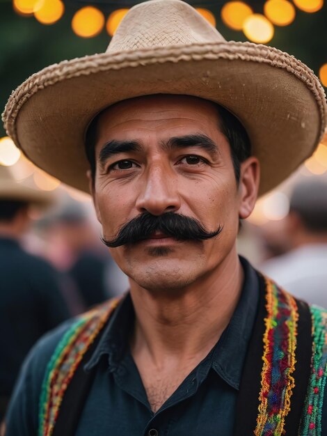 Fotografía de un hombre con bigote en sombrero en un festival