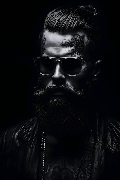 Fotografía de un hombre con una cabeza barbuda tatuajes y gafas en el estilo de blanco y negro