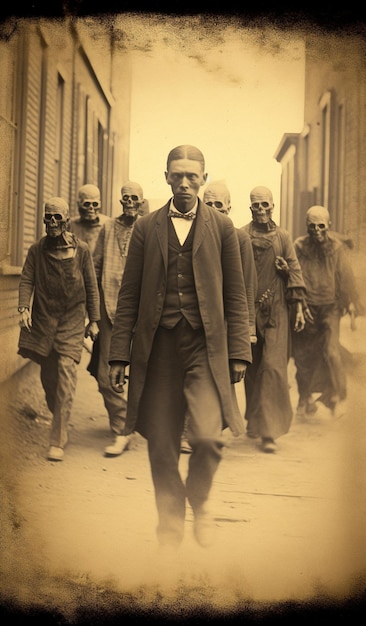 una fotografía de un hombre caminando por una calle con un grupo de hombres llevando bolsas