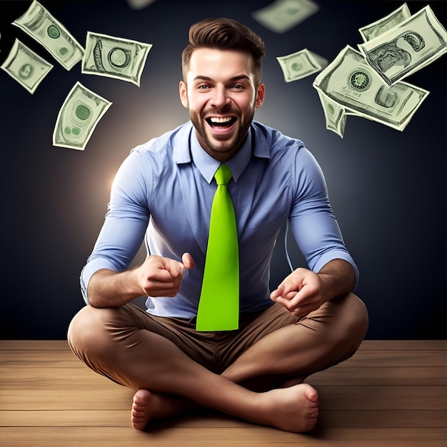 Fotografía de hombre feliz con mucho dinero Dinero a su alrededor hombre muy exitoso