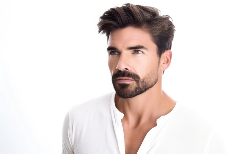 Fotografía de un hombre guapo de pie contra un fondo blanco creado con IA generativa