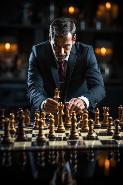Foto una fotografía de un hombre de negocios moviendo estratégicamente una pieza de ajedrez en un juego de mesa.