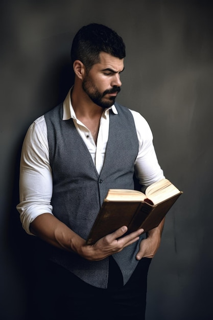 Fotografía de un hombre sosteniendo un libro abierto mientras está de pie contra una pared creada con IA generativa