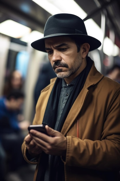 Foto fotografía de un hombre usando su teléfono móvil mientras viaja en el metro creada con ia generativa