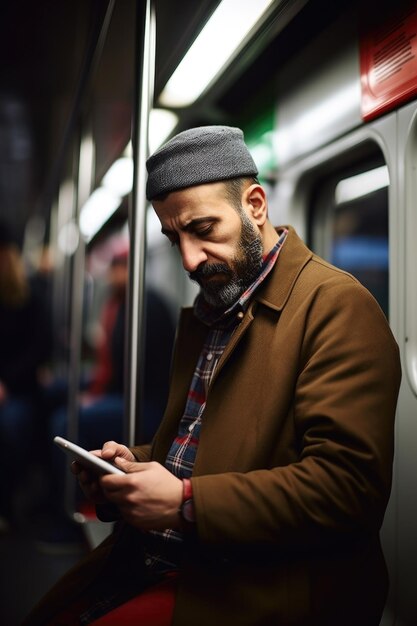 Fotografía de un hombre usando su teléfono móvil mientras viaja en el metro creada con IA generativa