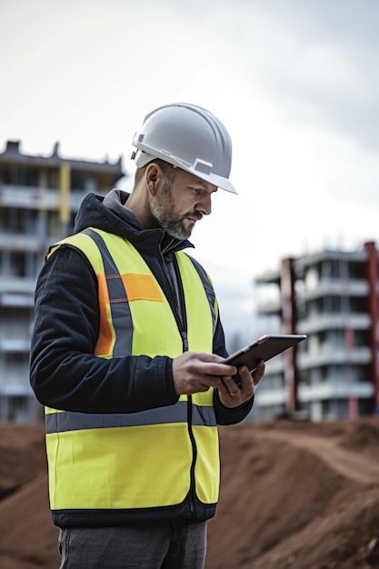 Fotografía de un hombre usando una tableta digital en un sitio de construcción creada con IA generativa