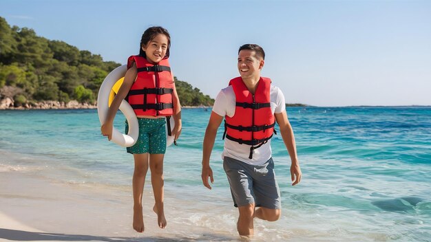 Foto fotografia horizontal de pai feliz e filho em colete salva-vidas protetores carregando a vida passando o verão va