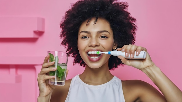 Foto fotografia horizontal de uma jovem com cabelos encaracolados a escovar os dentes com uma escova de dentes elétrica segurando um vidro.