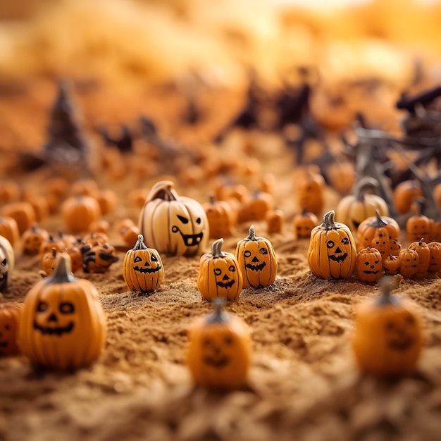 Fotografía de un huerto de calabazas con temática de Halloween con hileras de calabazas perfectamente talladas